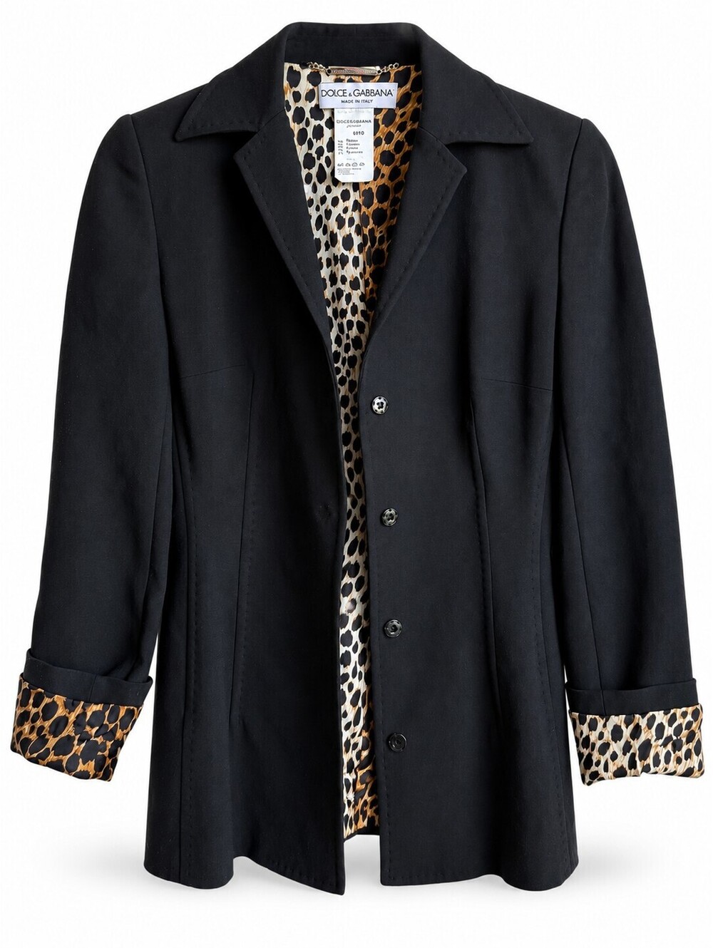 Dolce & Gabbana Black Fitted Y2K Blazer US 6 IT 42 Leopard Lined Made in Italy